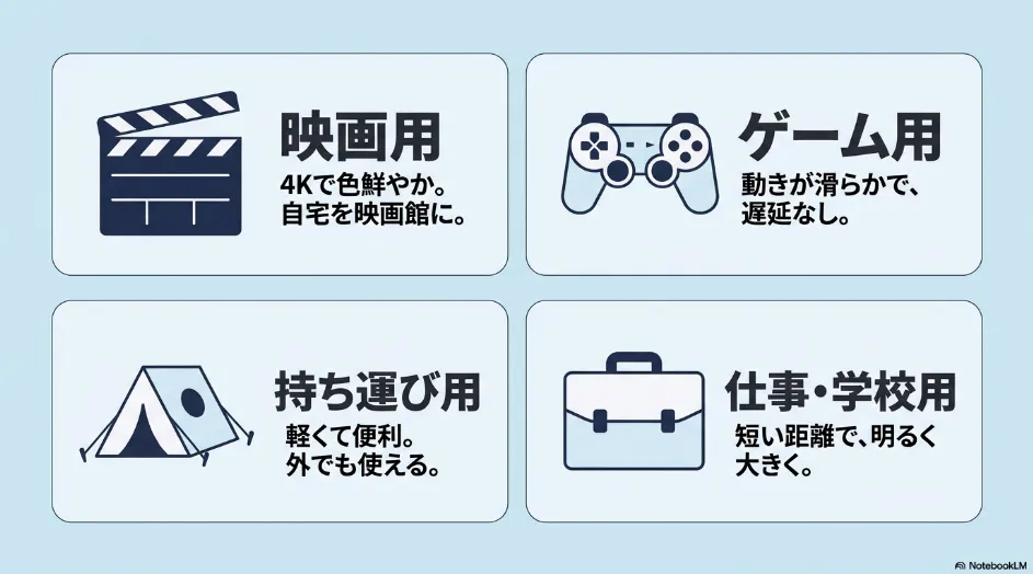 BenQプロジェクターを映画用・ゲーム用・持ち運び用・仕事や学校用の4用途に分類した図