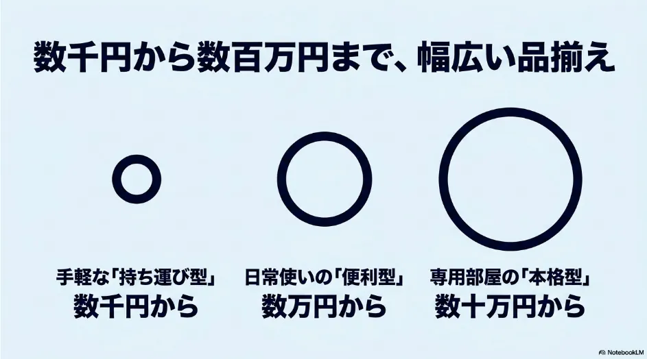 数千円の持ち運び型から数百万円の本格シアター向けまでを示したプロジェクターの価格帯