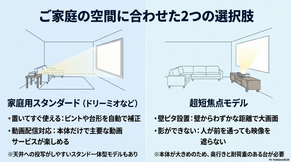 エプソンの家庭用スタンダードモデルと超短焦点モデルの設置方法を比較した図