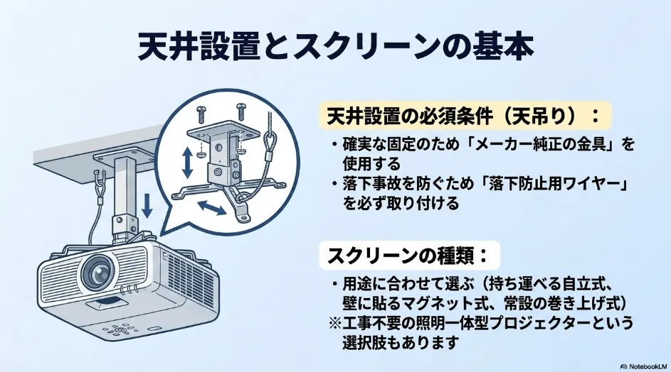 プロジェクターの天吊り金具と落下防止ワイヤー、スクリーンの種類を説明した図