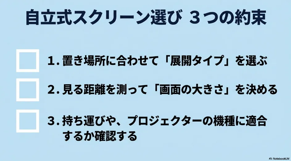 記事のポイント 自立式プロジェクタースクリーンを選ぶ際の3つの確認項目