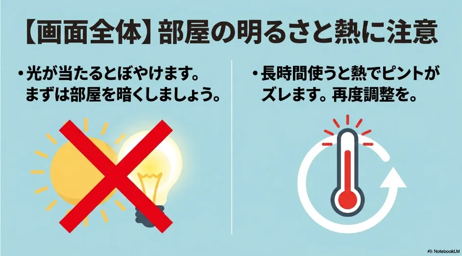 部屋の明るさと長時間使用による熱が、プロジェクターの見え方やピントに影響することを示した図