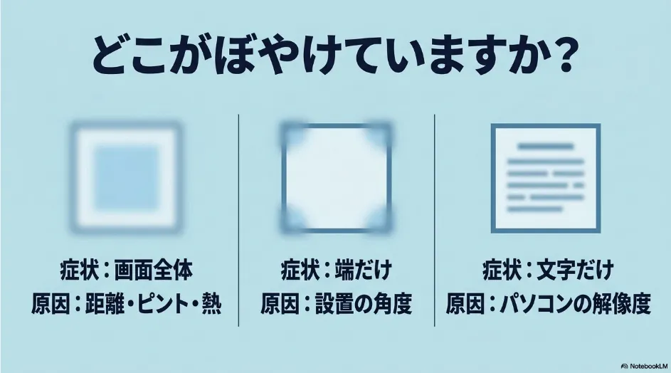 画面全体、画面の端、文字だけというプロジェクターのぼやけ方から原因を切り分ける図