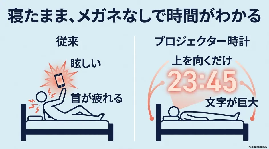 置時計やスマートフォンと天井投影型プロジェクター時計の確認方法を比較した図