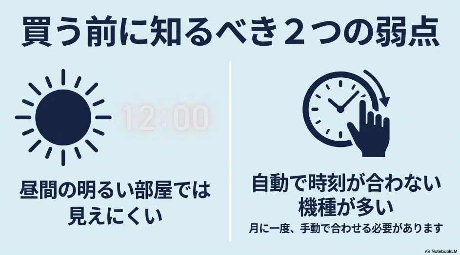 プロジェクター時計は明るい部屋で見えにくく、非電波式では手動の時刻合わせが必要になることを示した図