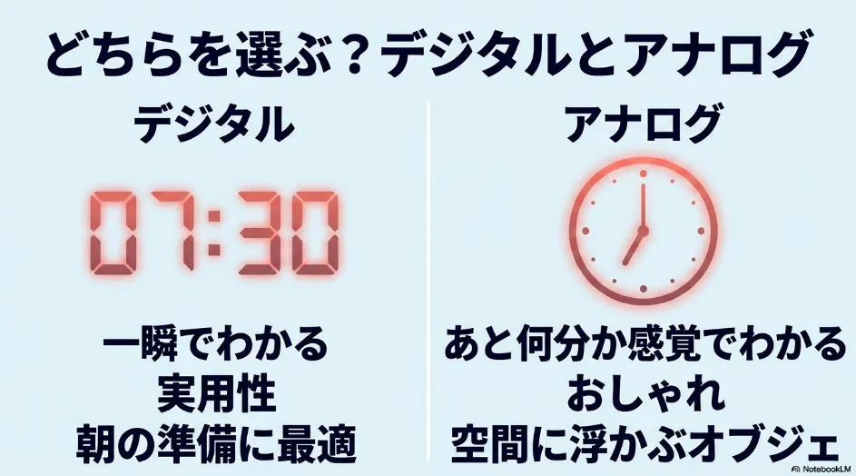 プロジェクター時計のデジタル表示とアナログ表示の特徴を比較した図