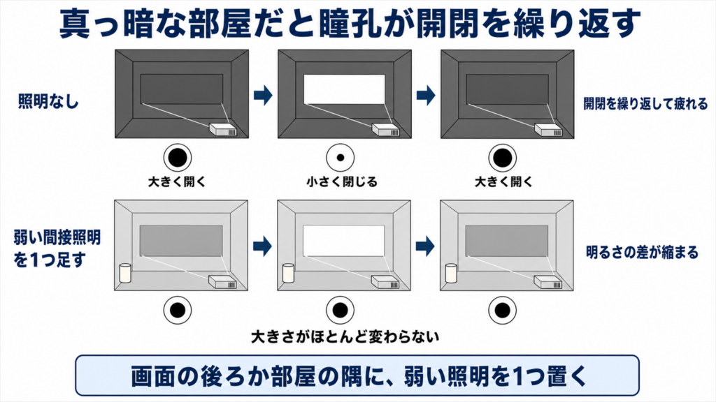 暗い部屋と間接照明ありで瞳孔の開閉の差を比べた図