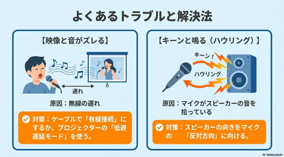 プロジェクターカラオケで起こる音ズレとハウリングの原因と対策