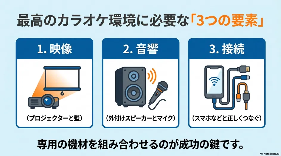 プロジェクターカラオケに必要な映像・音響・接続の3要素