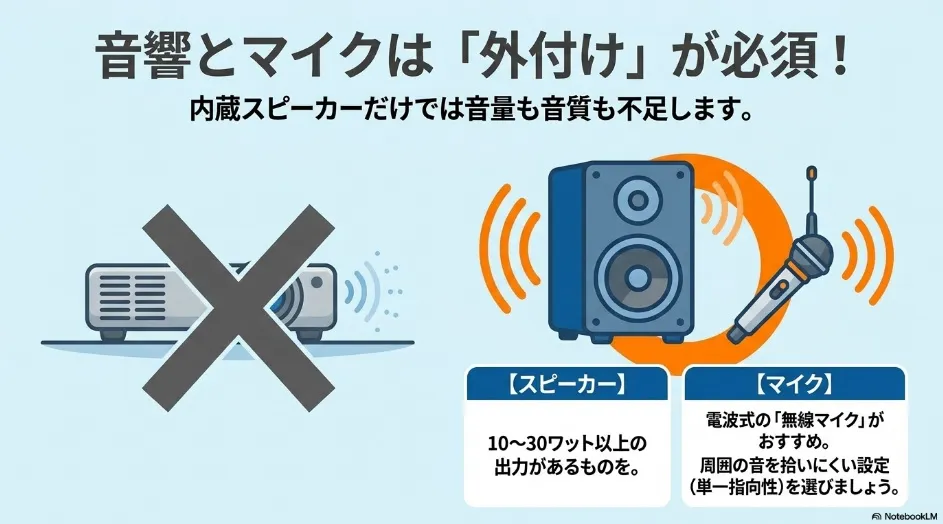 プロジェクター内蔵スピーカーではなく外付けスピーカーと単一指向性マイクを使う構成
