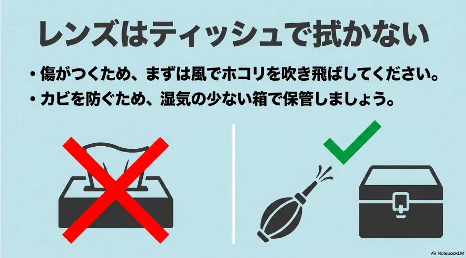 プロジェクターのレンズをティッシュで拭かず、ブロワーでホコリを飛ばして保管する方法を示した図