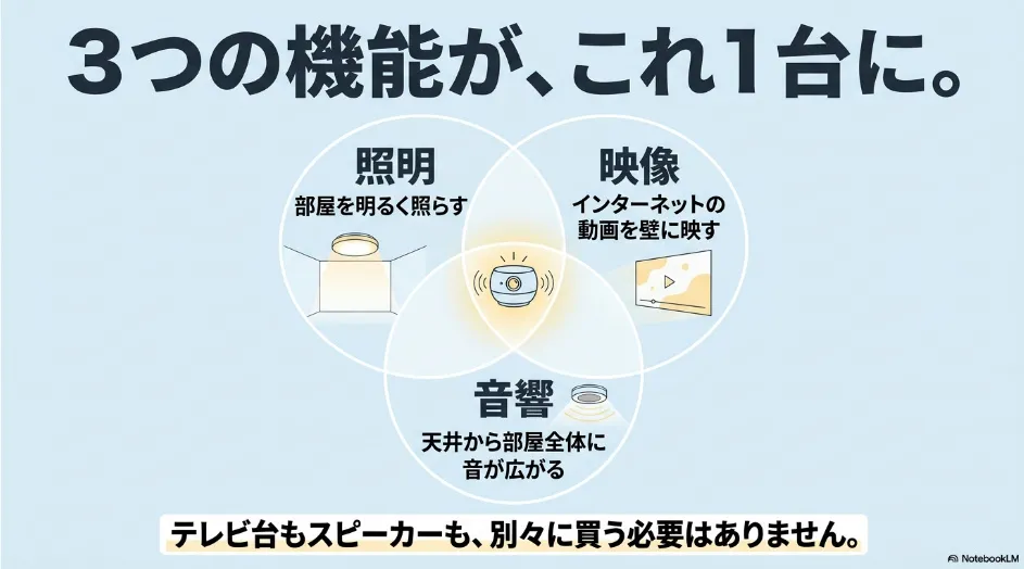 照明・映像・音響の3つの機能を備えた照明一体型プロジェクター