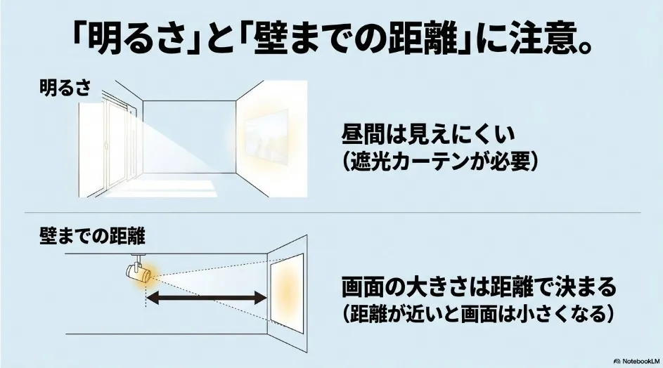 プロジェクターライトの昼間の見え方と壁までの投影距離による画面サイズの違い