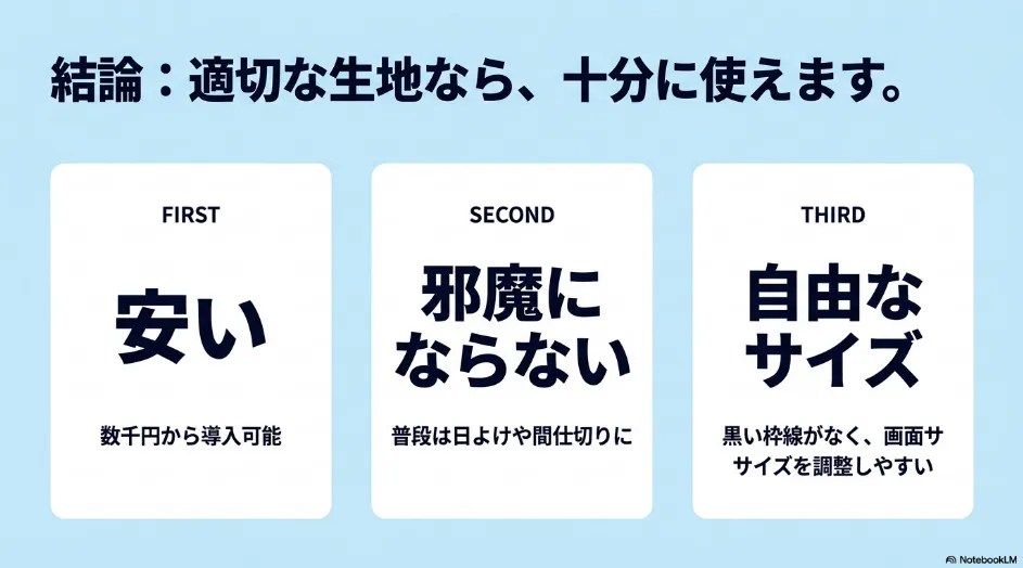 ロールスクリーンをプロジェクター用に代用するメリットとして、低価格、省スペース、投影サイズを調整しやすい点を示した図