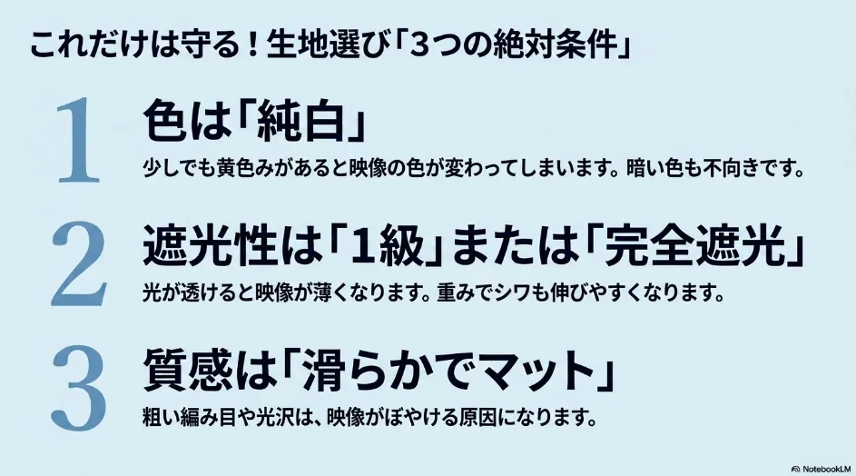 プロジェクター用ロールスクリーンの生地選びで重要な、純白、遮光1級または完全遮光、滑らかでマットな質感の3条件
