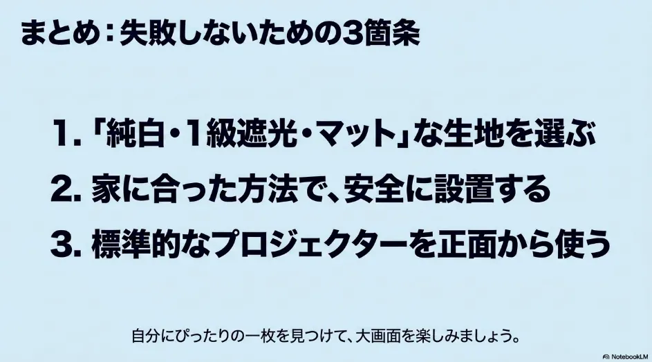 ロールスクリーン投影で失敗しないための、生地選び、安全な設置、標準投写プロジェクターの3条件をまとめた図