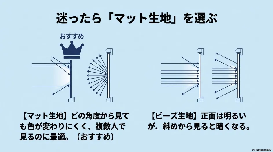 記事のポイント マット生地とビーズ生地の光の反射方向と視野角の違い