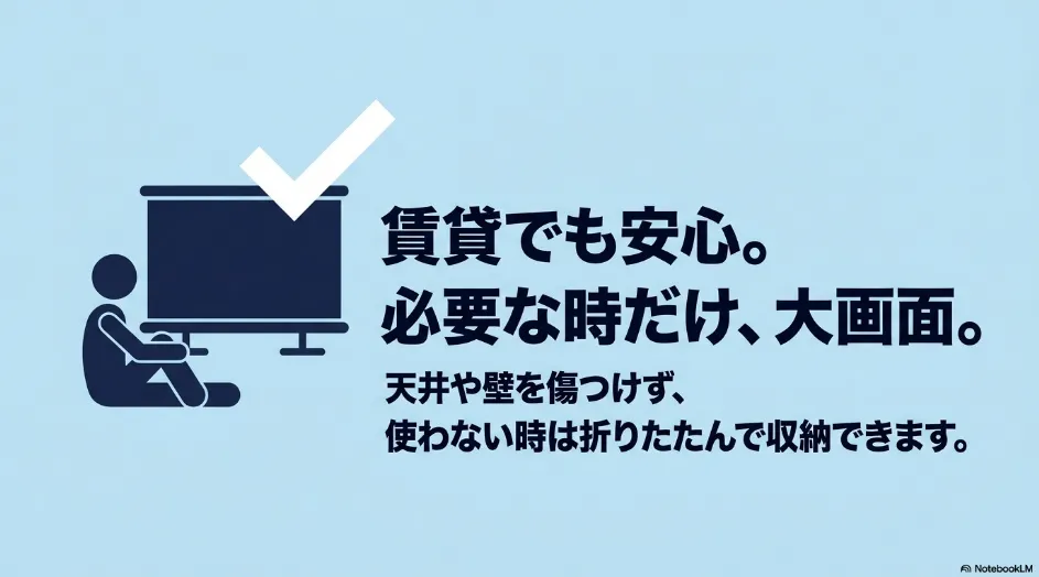 記事のポイント 賃貸住宅でも壁や天井を傷つけずに使える自立式プロジェクタースクリーン