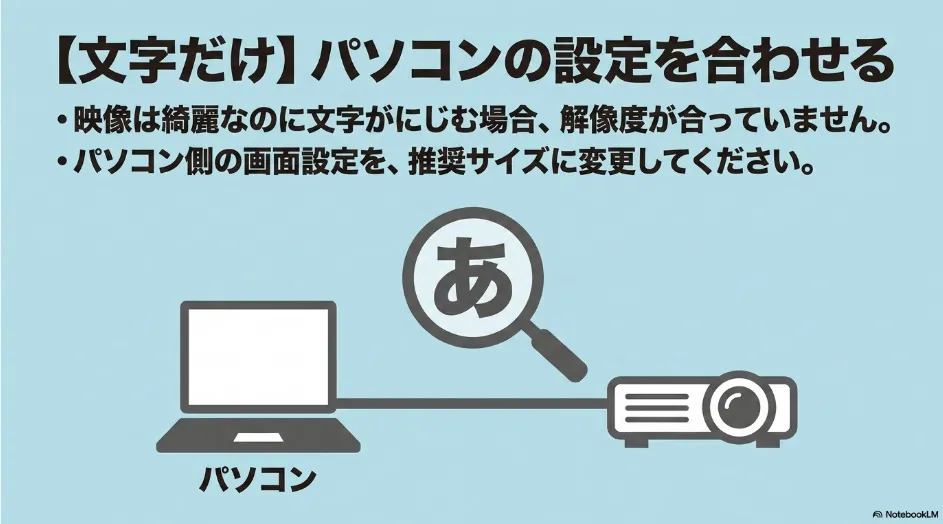 パソコンの出力解像度をプロジェクターの推奨解像度に合わせる対処法を示した図