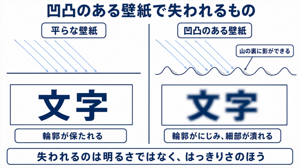 平らな壁紙と凹凸のある壁紙で文字の見え方が変わることを示した図