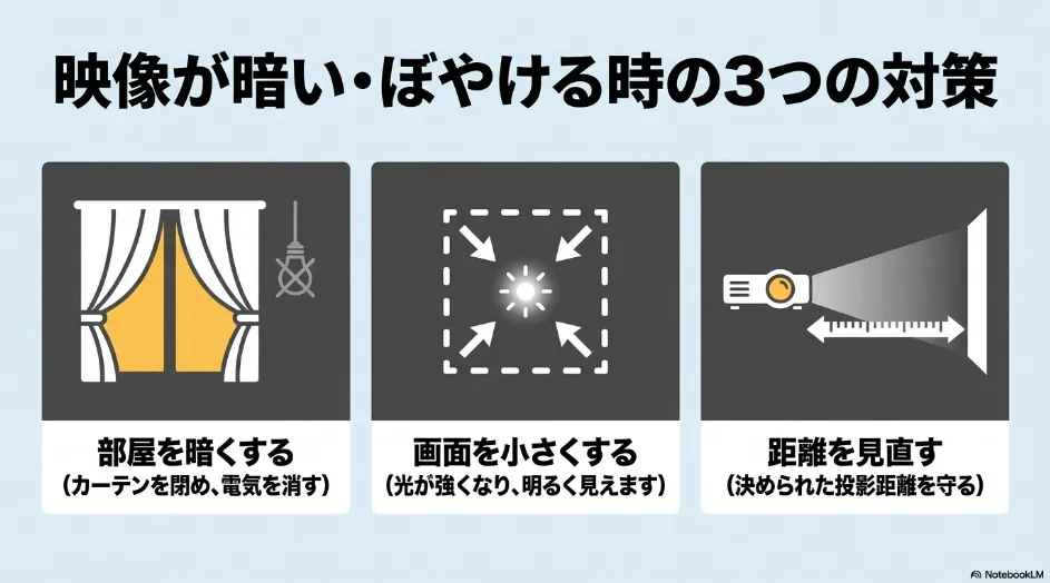 プロジェクターの壁面投影が暗い、ぼやける場合に、部屋を暗くする、画面を小さくする、投影距離を見直す3つの対策