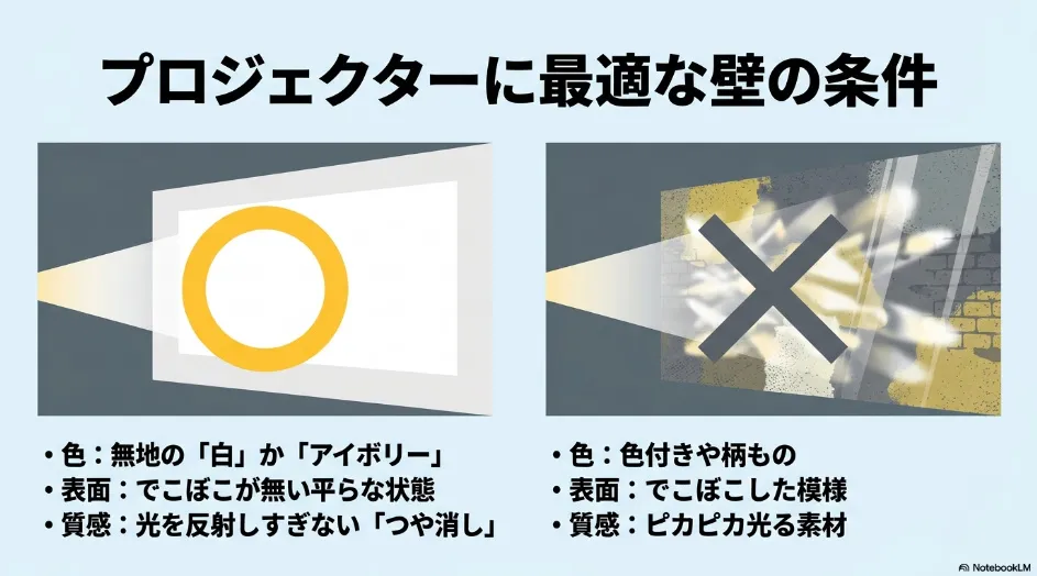 プロジェクター投影に適した白やアイボリーの平滑でつや消しの壁と、色柄や凹凸、光沢のある不向きな壁の比較