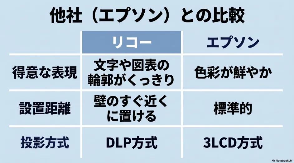 リコーとエプソンのプロジェクターについて、得意な映像表現、設置距離、投影方式を比較した表