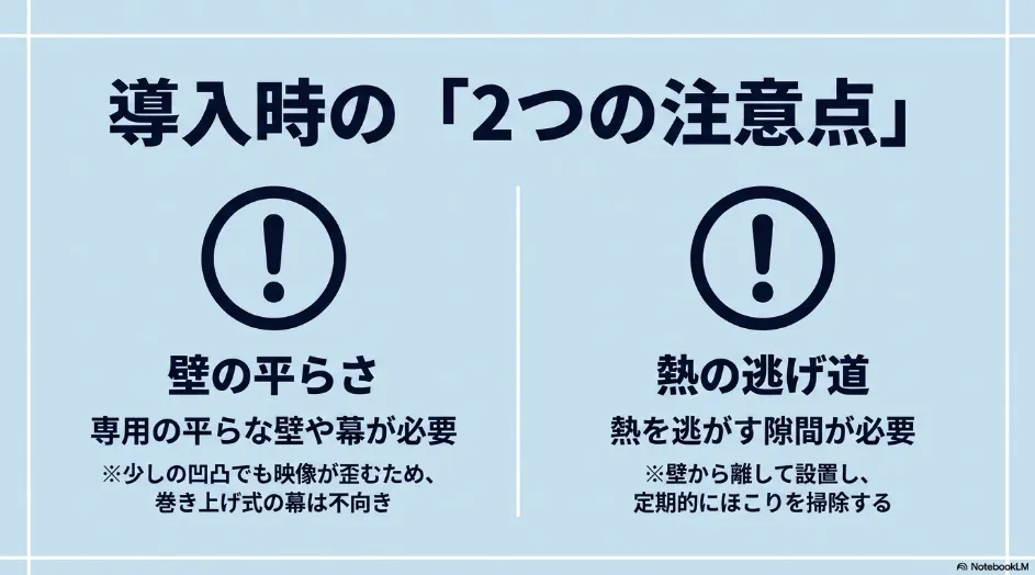 超短焦点プロジェクターの設置では、投影面の平らさと排熱スペースの確保が重要であることを示した注意点