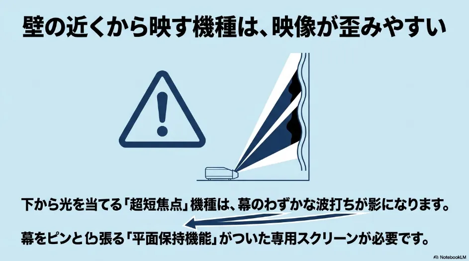 記事のポイント 超短焦点プロジェクターでスクリーンの波打ちが映像の歪みになる仕組み