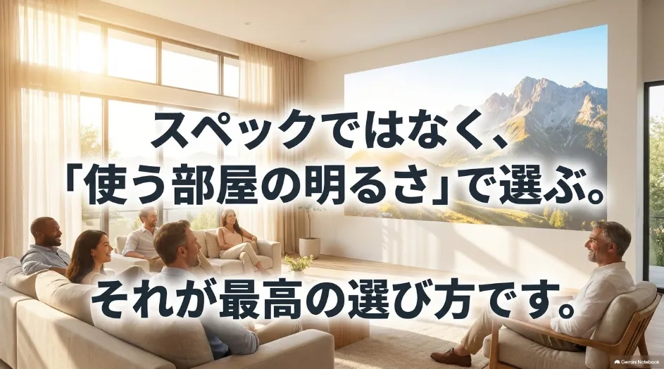 Dangbeiのプロジェクターはスペックだけでなく使う部屋の明るさを基準に選ぶことを伝えるスライド