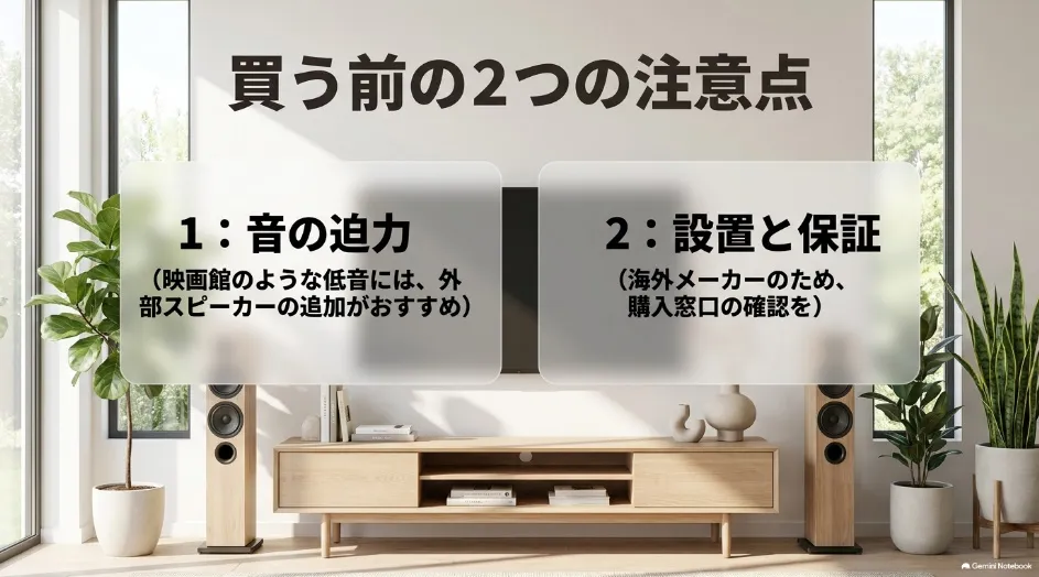 Dangbei購入前に確認したい内蔵スピーカーの音と設置・保証について説明するスライド