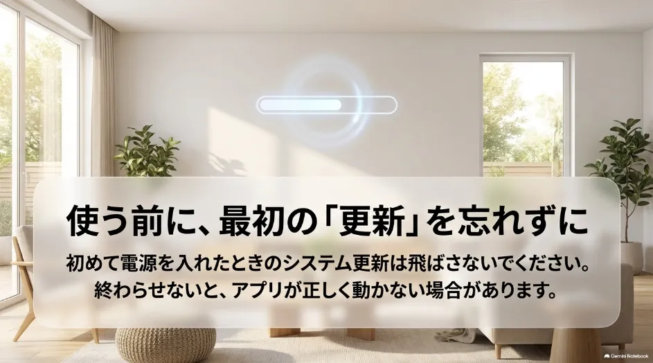 Google TV搭載プロジェクターを使い始める前にシステム更新を済ませるよう案内するスライド