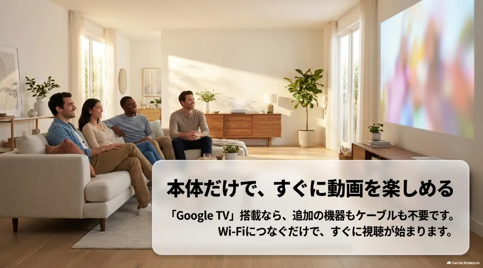 Google TV搭載プロジェクターならWi-Fi接続だけで動画を視聴できることを示すスライド