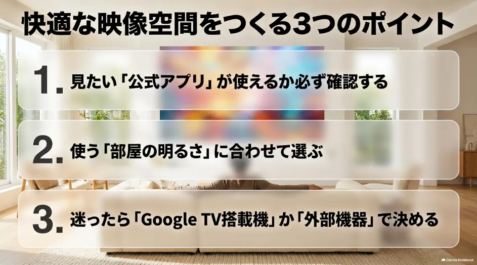 Google TV搭載プロジェクター選びで確認したい公式アプリ・部屋の明るさ・外部機器の3つのポイント