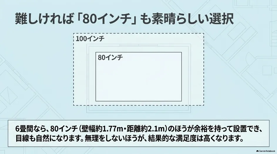 プロジェクターの100インチと80インチの画面サイズを重ねて比較した設置イメージ