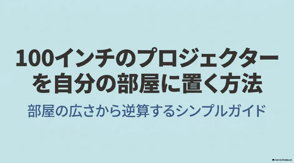 100インチのプロジェクターを自分の部屋に設置するために部屋の広さから逆算する方法を解説したスライド