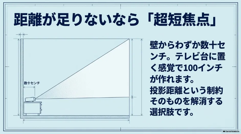 超短焦点プロジェクターを壁際のテレビ台に置いて短い距離から100インチを投影する設置イメージ