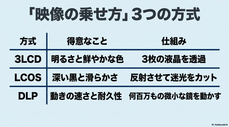 3LCD・LCOS・DLP方式の仕組みと得意な映像を比較した表