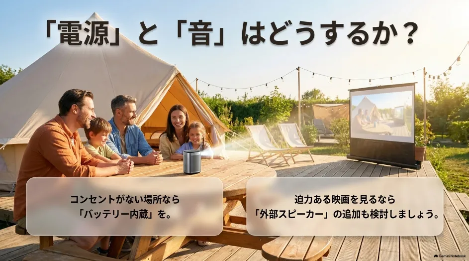 プロジェクター選びでバッテリー内蔵と外部スピーカーの必要性を確認するスライド