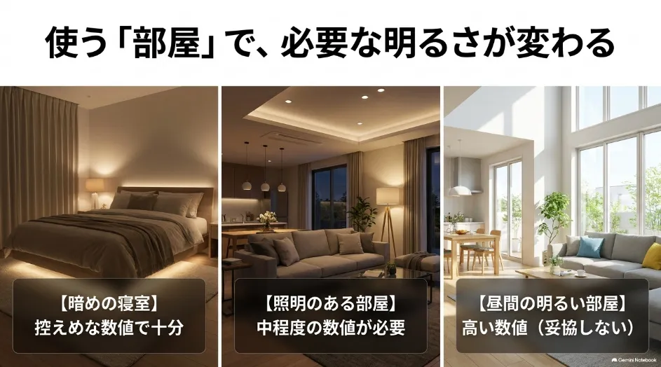 寝室やリビングなど部屋の明るさによって必要なプロジェクターの明るさが変わることを示す比較