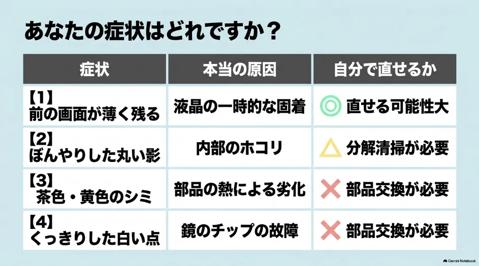 プロジェクターの残像、ホコリによる影、黄色いシミ、白い点について原因と修理の必要性を比較した表