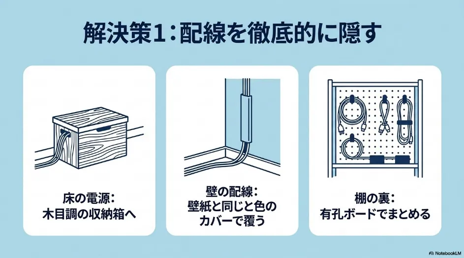 プロジェクターの配線を木目調の収納箱、壁紙と同色の配線カバー、棚裏の有孔ボードで隠す3つの方法