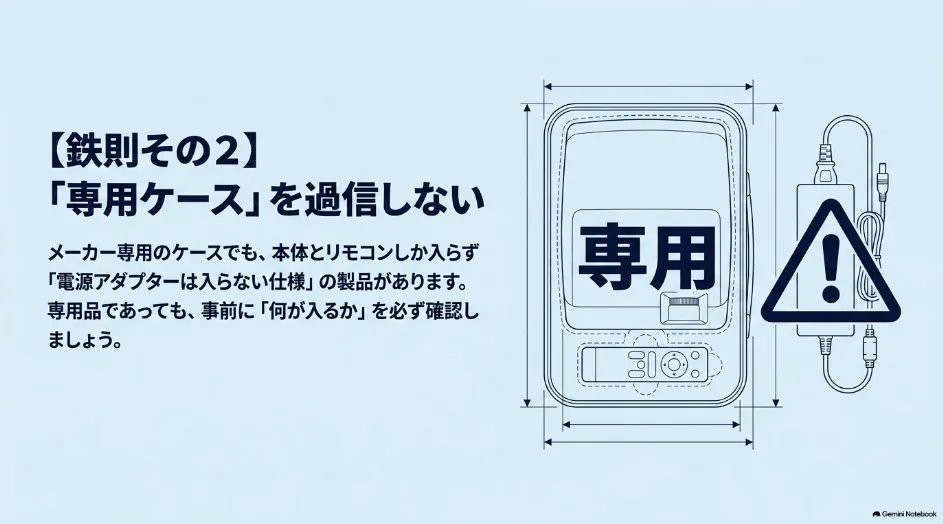 プロジェクター専用ケースでも電源アダプターなどの付属品が入らない場合があることを示す図