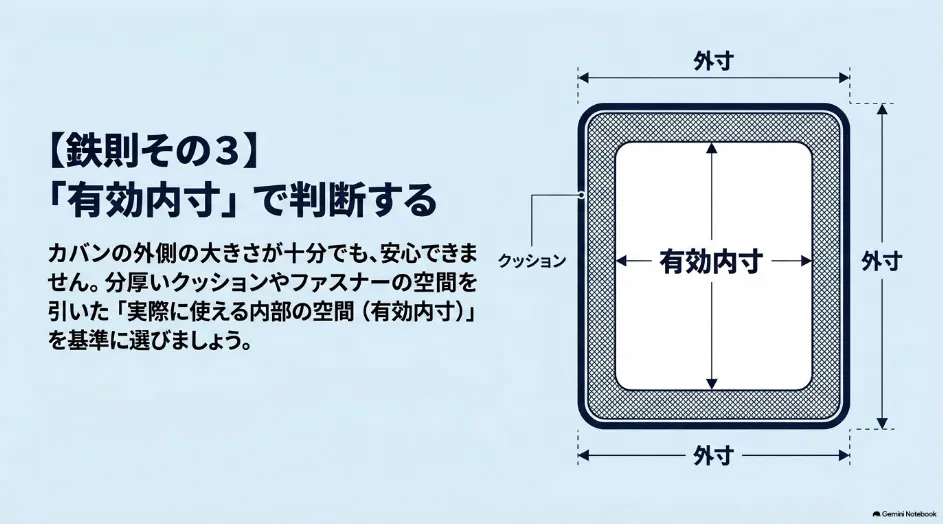 プロジェクターケースの外寸とクッションを除いた有効内寸の違いを示す図