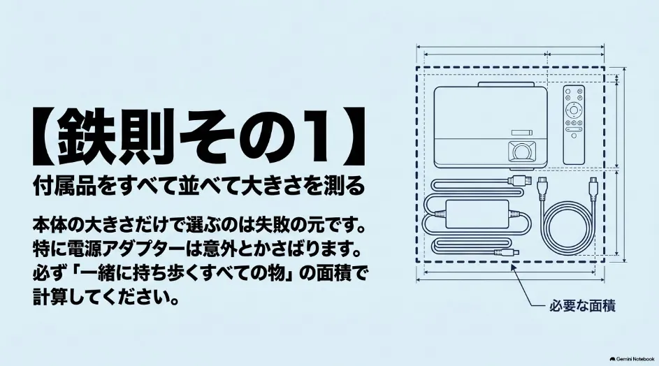 プロジェクター本体とリモコン、電源アダプター、ケーブルを並べて必要な収納面積を測る方法