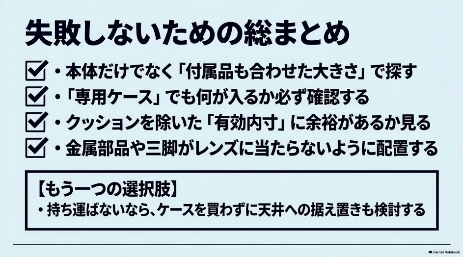 プロジェクターケース選びで確認する付属品の容量、有効内寸、専用ケース、レンズ保護の要点