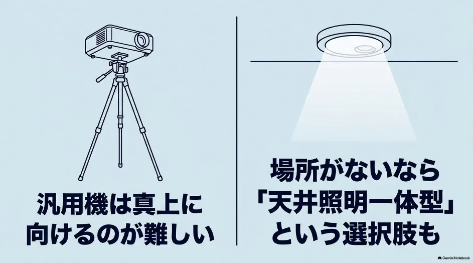 汎用プロジェクターを三脚で天井に向ける方法と天井照明一体型を比較した図