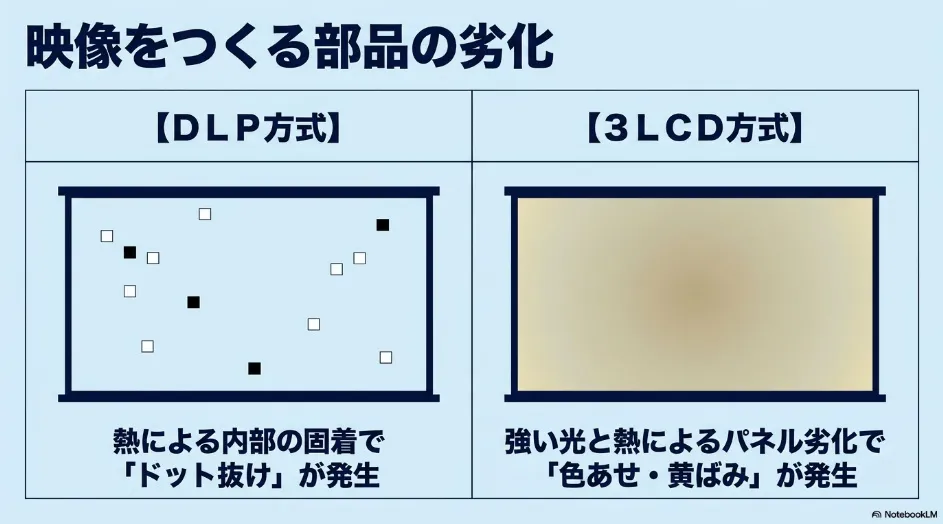 DLP方式のドット抜けと3LCD方式の色あせや黄ばみという劣化症状を比較した図