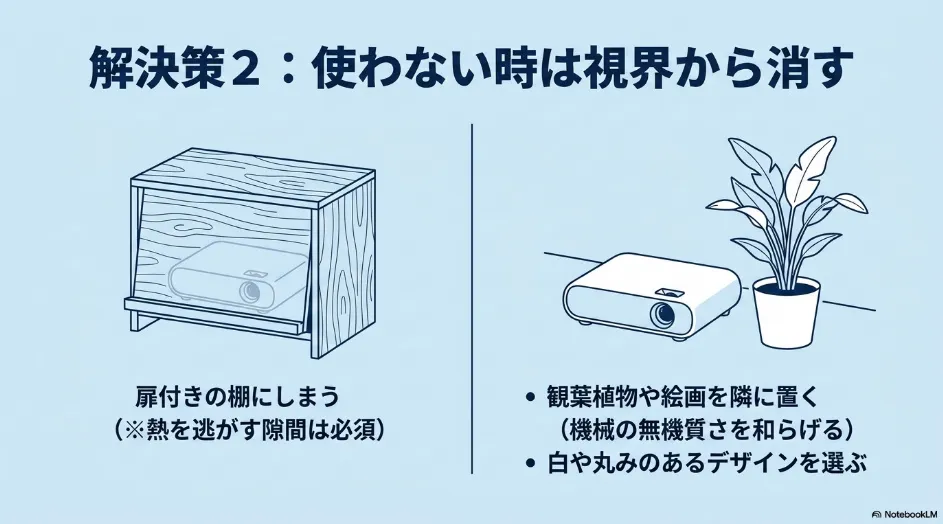 プロジェクターを排熱用の隙間がある扉付き収納に収める方法と、観葉植物を隣に置いてインテリアに馴染ませる方法