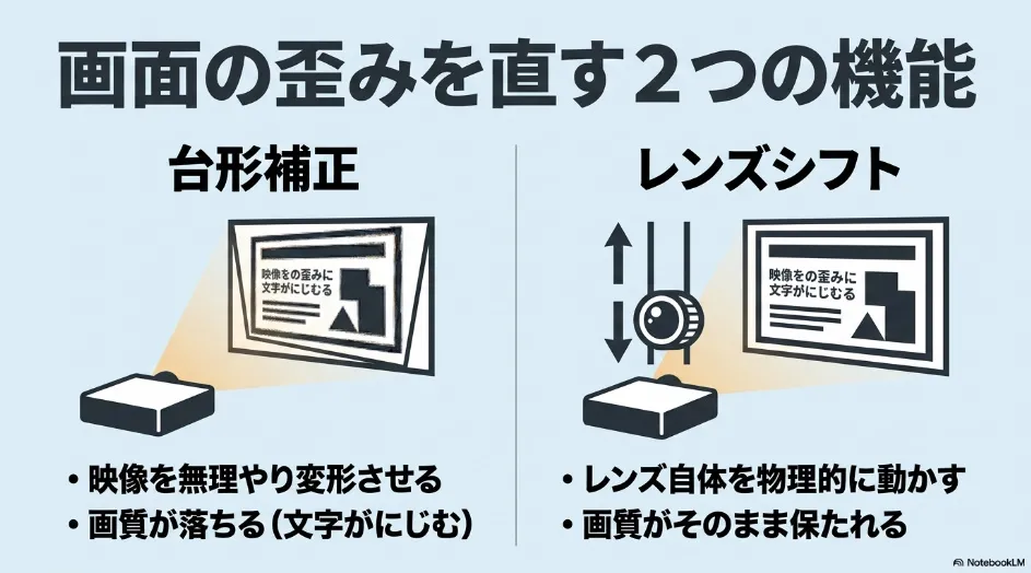 台形補正とレンズシフトの仕組みおよび画質への影響を比較した図